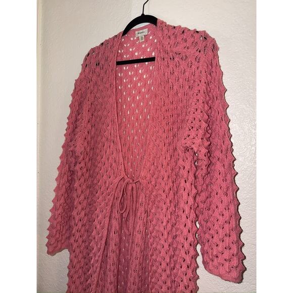 Anthropologie Maeve Pink Popcorn Duster Cardigan Open Knit Crochet OS Oversize - Picture 6 of 8